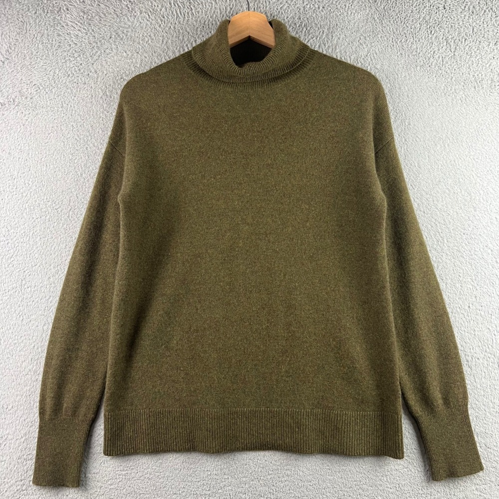 Nordstrom 100% Cashmere Turtleneck Sweater Olive Green XS Dropped Shoulder